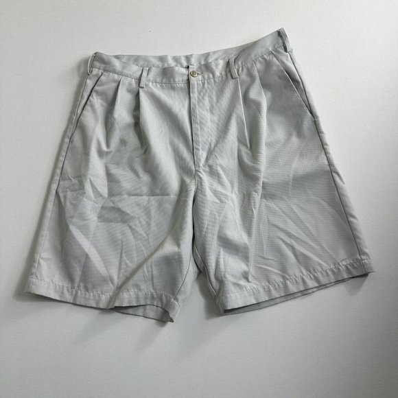 Nike Golf Shorts Mens 36 Beige Chino Pleated Front Polyester Dri Fit Swoosh Logo - Picture 1 of 6